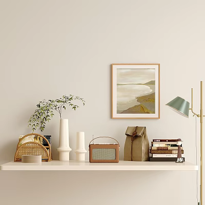 Coastal Landscape Painting Framed On Beige Wall With Shelf Decor Plant Candles Radio Books 3d model