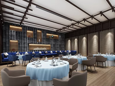Chinese Style Hot Pot Restaurant With Spacious Dining Area Wooden Ceiling And Blue Sofa Seats 3d model