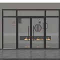 Black Frame Glass Double Doors In Modern Interior With Fireplace And Decorative Paintings