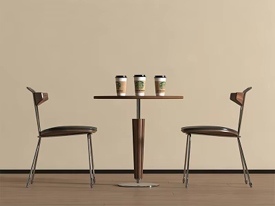 Modern Table and Chair Set with Wooden Tabletop Metal Legs and Coffee Cups 3d model