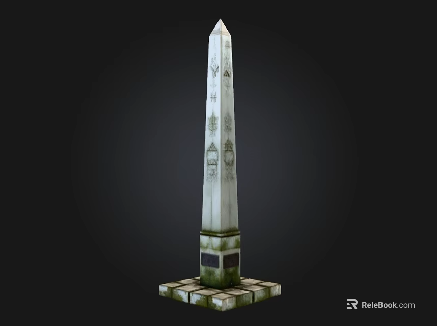 White Stone Landscape Obelisk With Carved Patterns And Square Pedestal 3d model