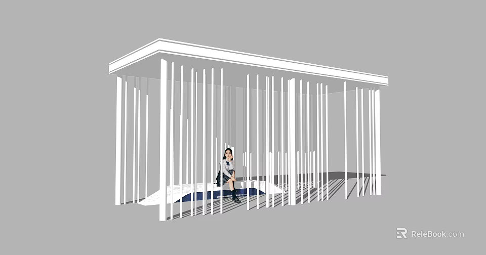 Outdoor Modern White Pergola With Slender Columns And Person Sitting Inside 3d model 