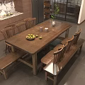 Cozy Wooden Dining Table Set With Four Chairs Fruit Bowl Candle Holders And Vase