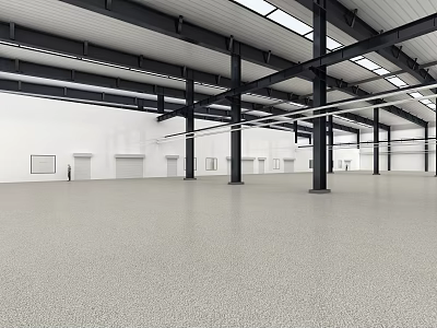 Industrial Warehouse Spacious Interior With Steel Structure Roof Skylights Gray Floor And White Walls 3d model