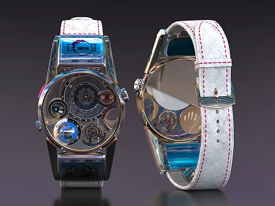 Luxury Mechanical Watch with White Leather Strap Red Stitching Transparent Dial and Metal Case 3d model