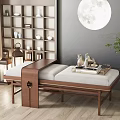 Wooden Frame Sofa Bench With Beige Cushion Side Shelf Wall Moon Decor And Potted Plant