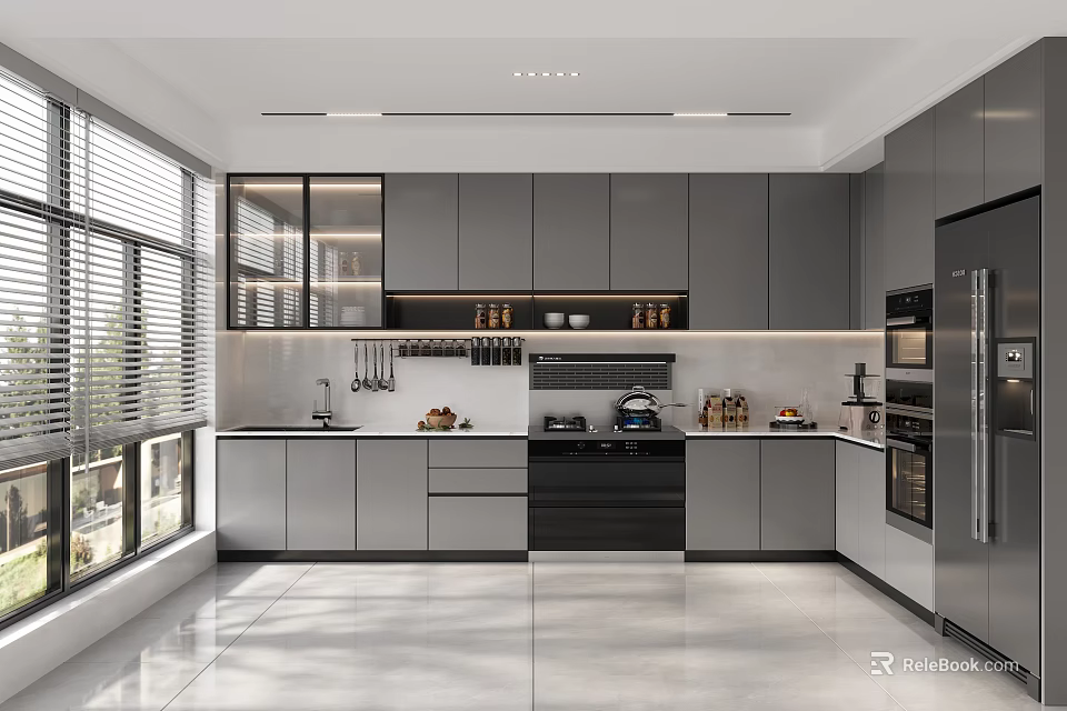 Modern Kitchen Interior Design With Gray Cabinets Island Counter Appliances And Large Windows 3d model 
