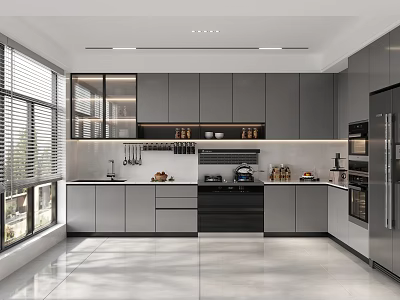 Modern Kitchen Interior Design With Gray Cabinets Island Counter Appliances And Large Windows 3d model