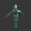 Woman In Blue Black Fantasy Outfit With White Hair And Decorative Sword