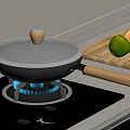 Non-stick Pan With Wooden Handle And Transparent Lid On Gas Stove With Blue Flame