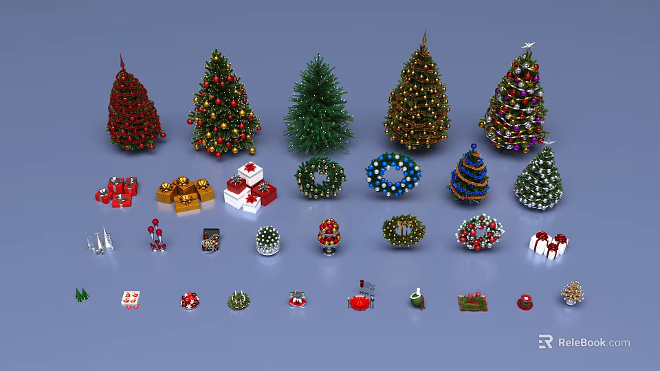 Christmas Decorations Collection With Various Trees Gift Boxes Wreaths And Ornaments 3d model 