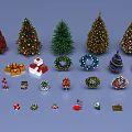 Christmas Decorations Collection With Various Trees Gift Boxes Wreaths And Ornaments