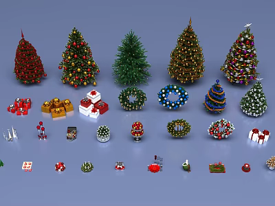 Christmas Decorations Collection With Various Trees Gift Boxes Wreaths And Ornaments 3d model