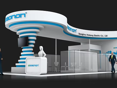 ELEGRAN Modern Exhibition Booth With Blue White Spiral Steps Transparent Partitions And Reception Desk 3d model