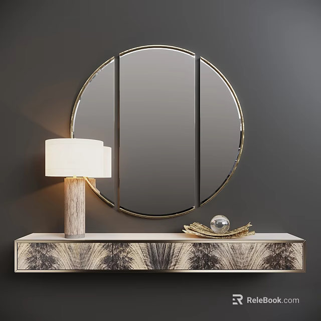 Elegant Modern Console Table Interior With Round Gold Framed Mirror Table Lamp And Decorations 3d model 