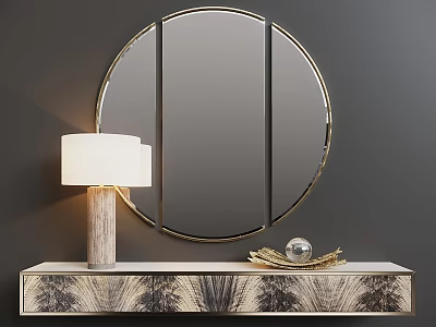 Elegant Modern Console Table Interior With Round Gold Framed Mirror Table Lamp And Decorations 3d model