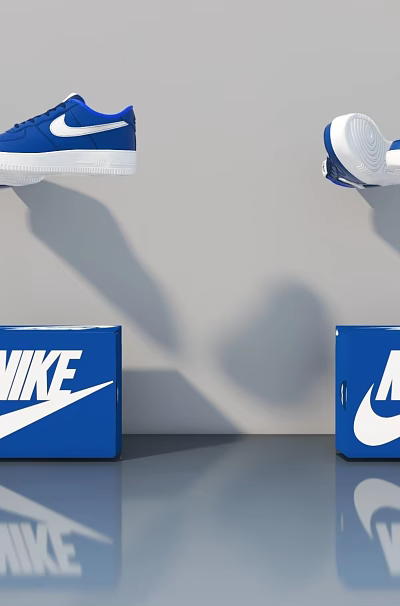 Blue And White Nike Sneakers Hanging Over Blue Nike Boxes With Reflection On Gray Floor 3d model
