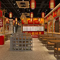 Traditional Hotpot Restaurant Interior With Red Banners Chinese Slogans And Wooden Tables