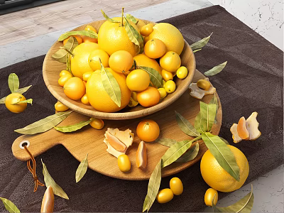 Yellow Lemons and Kumquats in Bowl on Wooden Cutting Board with Leaves and Peeled Rinds 3d model