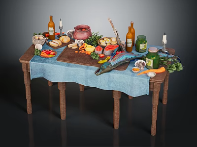 Fresh Assorted Food on Wooden Table with Blue Tablecloth Vegetables Bread Fish Bottles and Candles 3d model