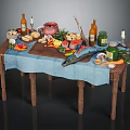 Fresh Assorted Food on Wooden Table with Blue Tablecloth Vegetables Bread Fish Bottles and Candles
