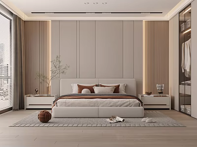 Modern Bedroom Interior With Wooden Trim White Bed Frame Nightstands Area Rug And Plant 3d model