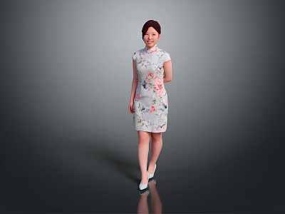 Woman Wearing Traditional Chinese Qipao with Floral Patterns Standing Gracefully 3d model
