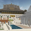 Ancient Chinese Architecture Courtyard With Central Pool Stone Steps Upturned Eaves And Fountain