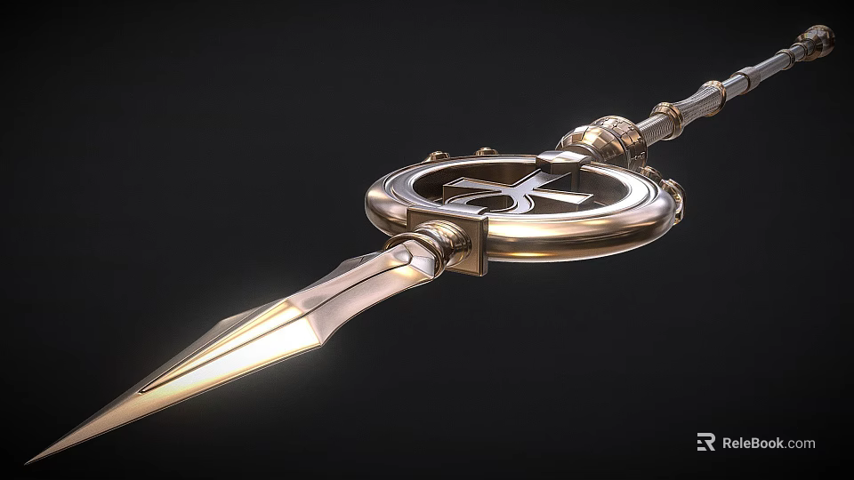 3D Rendered Ornate Metallic Spear With Sharp Spearhead Circular Ornament And Shiny Symbol 3d model 