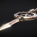 3D Rendered Ornate Metallic Spear With Sharp Spearhead Circular Ornament And Shiny Symbol