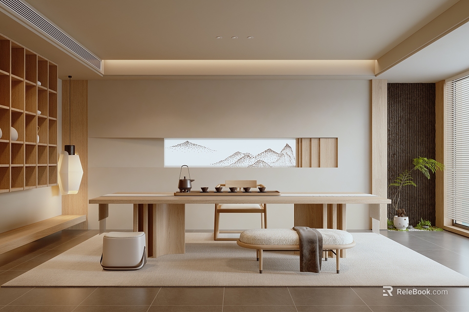 Modern Japanese Tea Room Interior Design With Wooden Long Table Tea Sets And Landscape Painting 3d model 