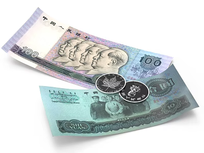 Chinese Currency Themed Decorative Ornament Set With 100 Yuan Bills And Coins 3d model