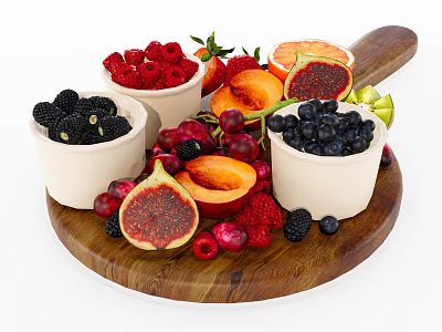 Assorted Fresh Fruits on Wooden Tray with White Bowls Raspberries Blueberries and Sliced Apricots 3d model