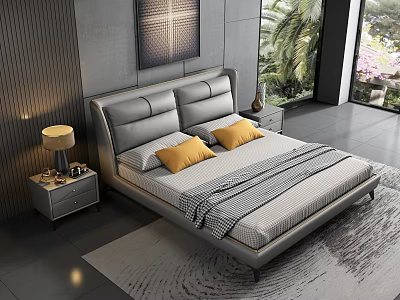 Gray Leather Double Bed With Yellow Pillows Striped Quilt Nightstands Table Lamp And Outdoor Greenery 3d model