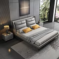 Gray Leather Double Bed With Yellow Pillows Striped Quilt Nightstands Table Lamp And Outdoor Greenery