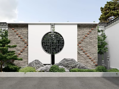 Traditional Chinese Scenic Wall with Circular Hollow-out Pattern Brick Stone Green Plants and Rockery Stones 3d model