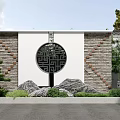 Traditional Chinese Scenic Wall with Circular Hollow-out Pattern Brick Stone Green Plants and Rockery Stones