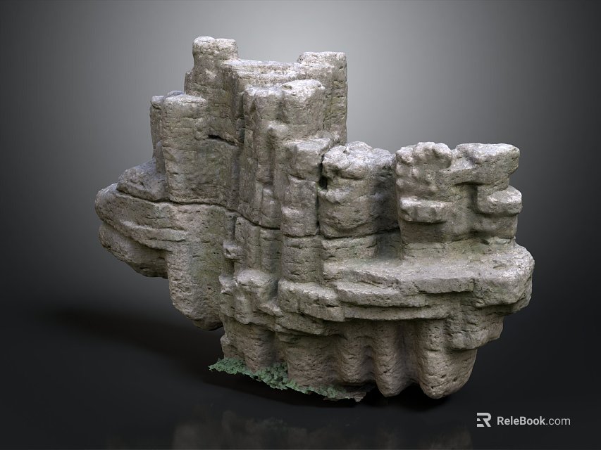 Natural Stone Wood Decorative Rock Structure With Green Moss And Textured Surface 3d model 