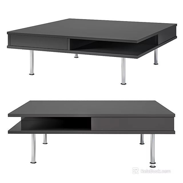 Sleek Black Functional Table With Drawers Open Storage Compartments And Silver Metal Legs 3d model