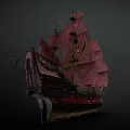 Vintage Sailing Ship With Pink Sails Intricate Carvings And Detailed Structure On Black Background