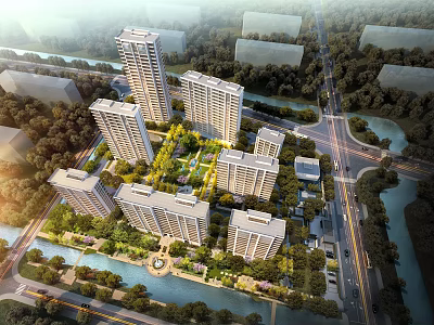 Aerial Planning of Modern Residential Community with High Rise Buildings Green Spaces and River 3d model