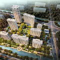 Aerial Planning of Modern Residential Community with High Rise Buildings Green Spaces and River
