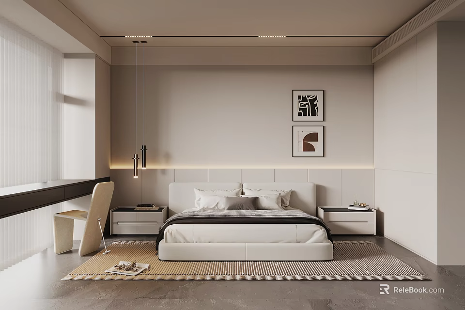 Modern Minimalist Bedroom Interior With White Bed Wall Art Nightstands And Rug 3d model 