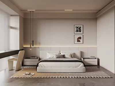 Modern Minimalist Bedroom Interior With White Bed Wall Art Nightstands And Rug 3d model