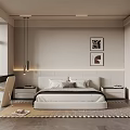 Modern Minimalist Bedroom Interior With White Bed Wall Art Nightstands And Rug