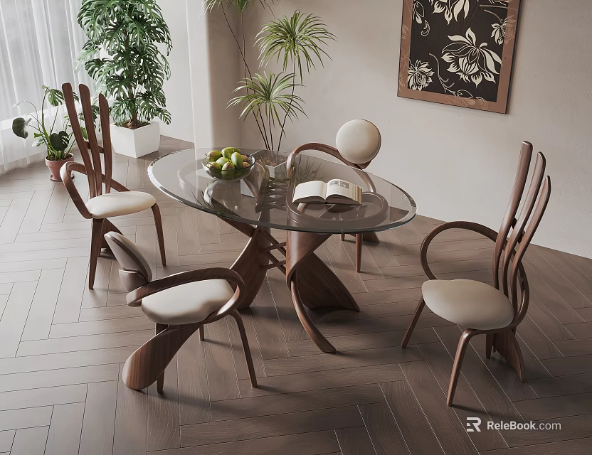 Restaurant Dining Space Featuring Round Glass Table Wooden Chairs Green Plants And Decorative Painting 3d model 