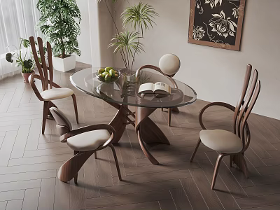Restaurant Dining Space Featuring Round Glass Table Wooden Chairs Green Plants And Decorative Painting 3d model