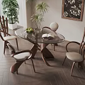 Restaurant Dining Space Featuring Round Glass Table Wooden Chairs Green Plants And Decorative Painting
