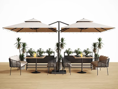 Stylish Outdoor Chairs With Double Patio Umbrellas Dining Tables And Potted Plants 3d model
