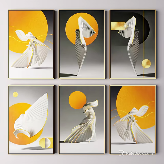 Modern Decorative Wall Art With White Abstract Figures Yellow Circular Elements And Golden Frames 3d model